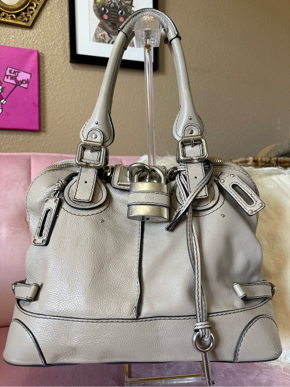 💯 Auth! Classic CHLOE  PADDINGTON Tan Leather  Handbag W Silver Tone Lock & Key